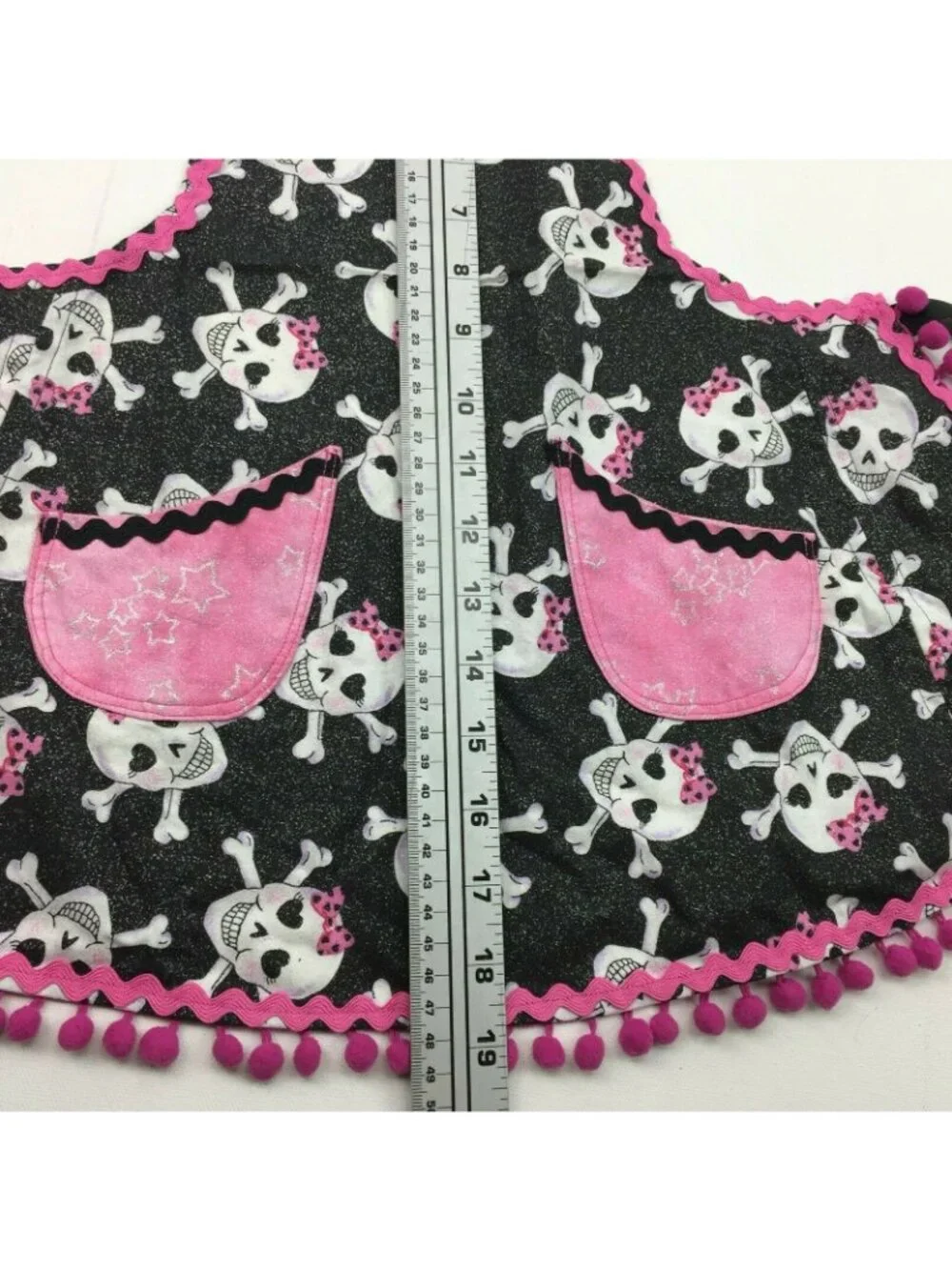 Girls Baking Apron for Kitchen Punk Rock Skulls With Bows Pink Pom Pom Ribbon